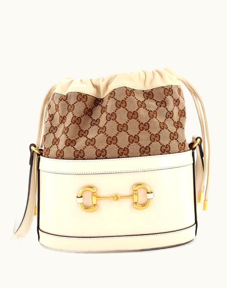 Gucci Gucci Horsebit 1955 Bucket Crossbody Bag Leather And GG Canvas Small Neutral