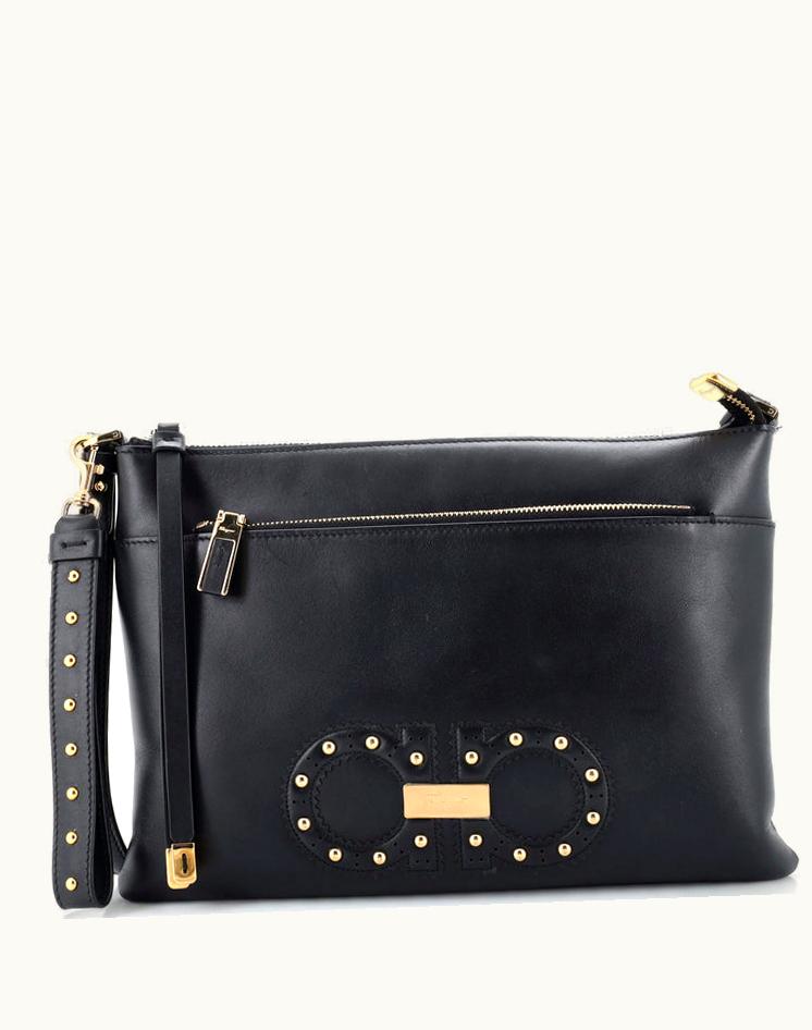 Salvatore Ferragamo Salvatore Ferragamo Gancio Front Zip Crossbody Bag Studded Leather Medium