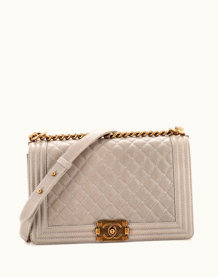 Chanel Chanel Boy Flap Bag Quilted Caviar Old Medium Leather Gray Aged Gold