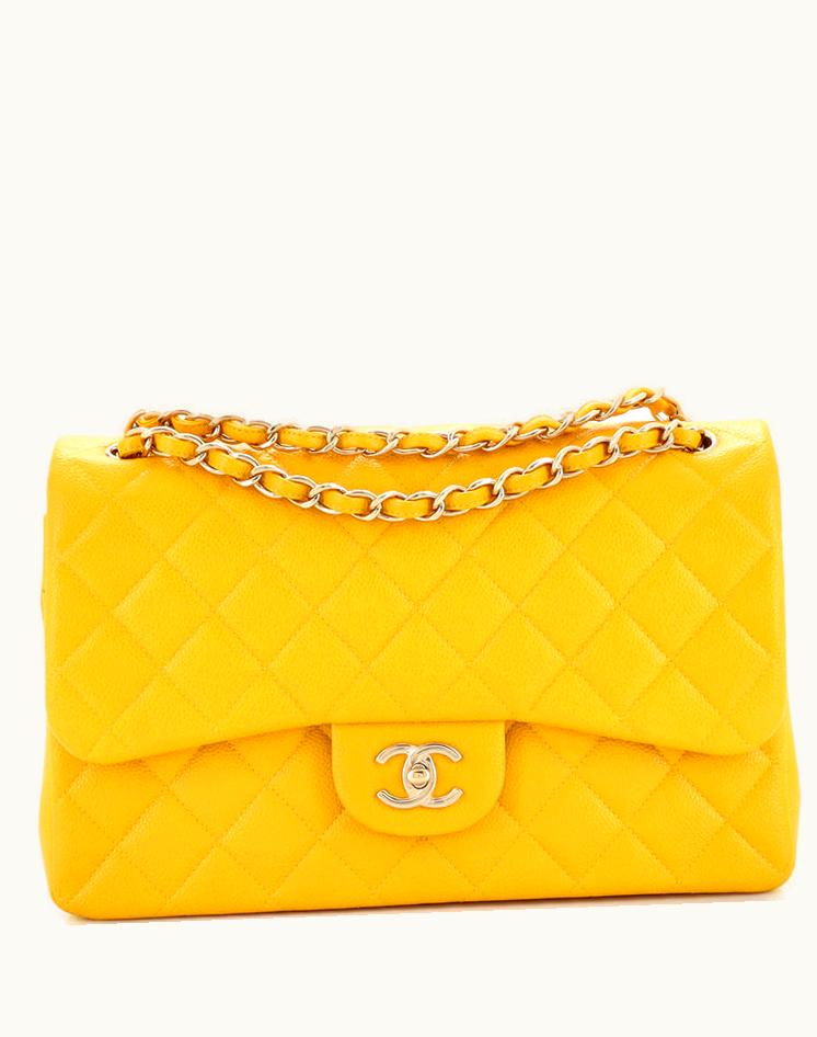 Chanel Chanel Classic Double Flap Bag Quilted Caviar Jumbo Yellow Leather Gold Tone