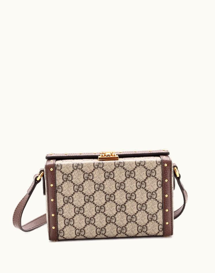 Gucci Gucci 234886/1 Trunk Flap Lock Shoulder Bag GG Coated Canvas With Studded Leather Brown