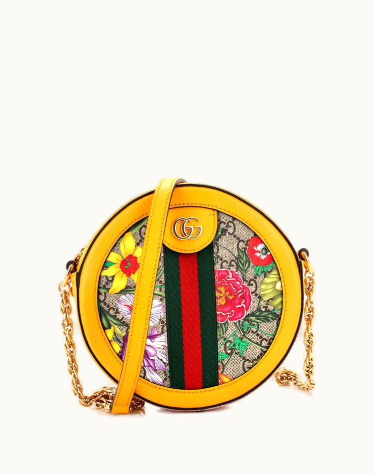 Gucci Gucci Flora GG Coated Canvas Mini Ophidia Round Shoulder Bag Brown/Yellow