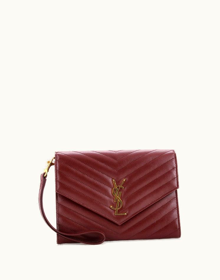 Saint Laurent Saint Laurent Classic Monogram Envelope Wristlet Clutch Matelasse Chevron Leather Red-Gold