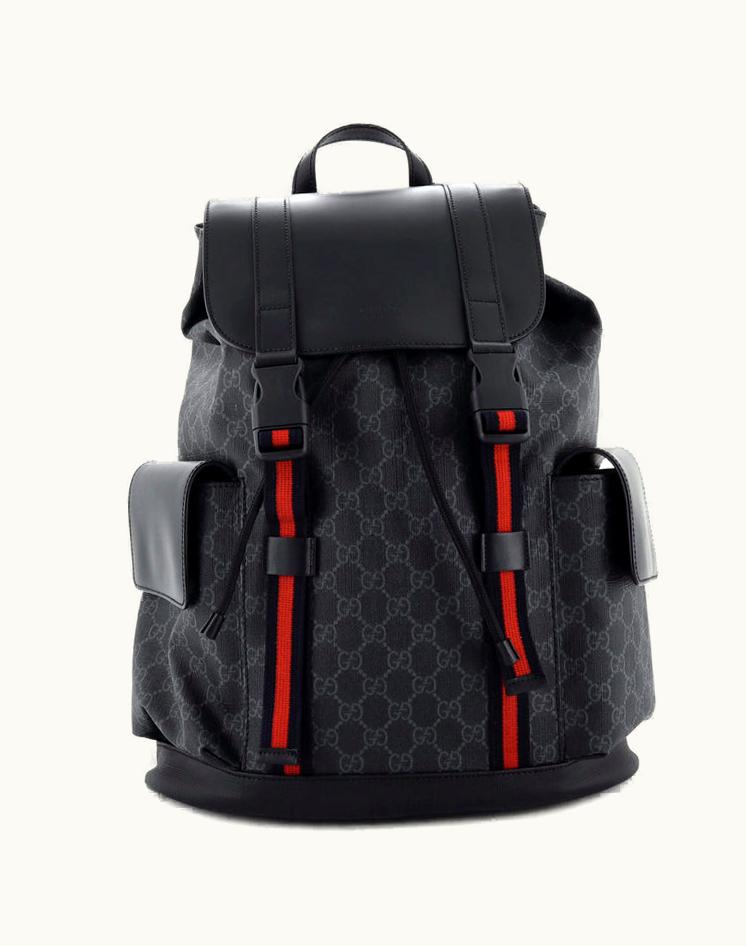 Gucci Gucci Double Pocket Buckle Backpack GG Coated Canvas Large Black