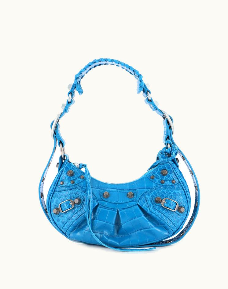 Balenciaga Balenciaga Le Cagole Giant Studs Shoulder Bag Crocodile Embossed Leather XS Blue