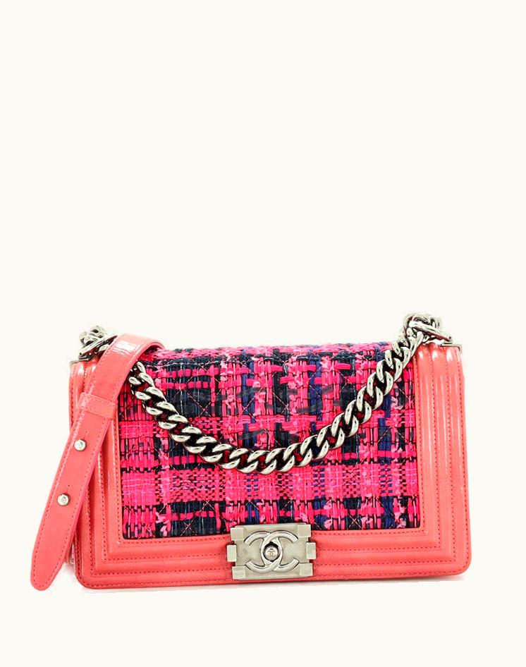 Chanel Chanel Boy Flap Bag Quilted Tweed With Patent Old Medium