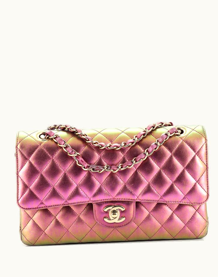 Chanel Chanel Classic Double Flap Bag Quilted Iridescent Calfskin Medium Multicolor Pink Gold Tone