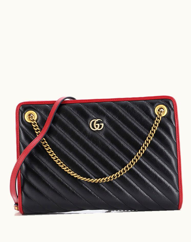 Gucci Gucci GG Marmont Accordion Shoulder Bag Diagonal Quilted Leather Medium Black Aged Gold