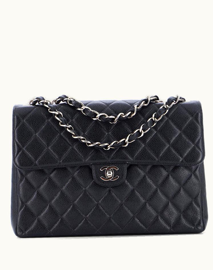 Chanel Chanel Vintage Classic Single Flap Bag Quilted Caviar Jumbo Leather Black Silver
