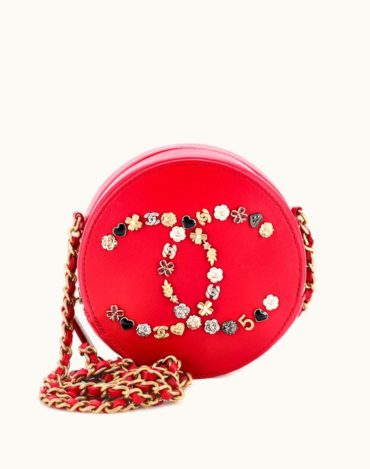 Chanel Chanel Studded Symbols Round Clutch With Chain Lambskin Mini