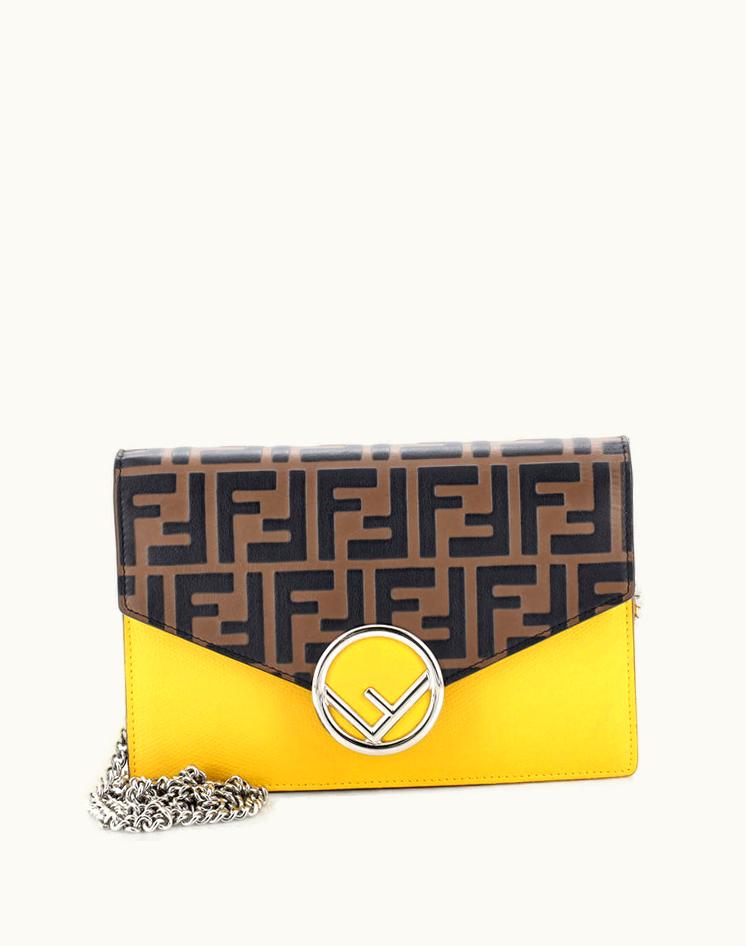 Fendi Fendi F Is Fendi Envelope Wallet On Chain Zucca Embossed Leather Brown Yellow Silver