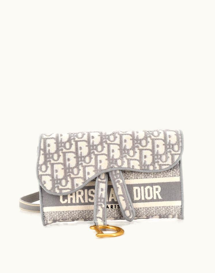 Dior Christian Dior Saddle Slim Belt Pouch Logo Embroidered Oblique Canvas Gray Aged Gold
