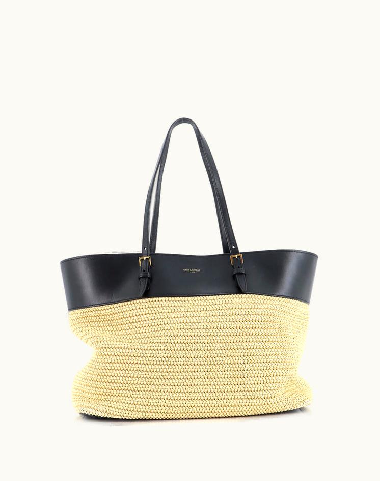 Saint Laurent Saint Laurent Boucle E/W Shopping Tote Raffia With Leather Medium in Neutral Black
