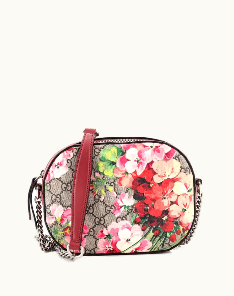 Gucci Mini Chain Crossbody Bag Blooms Print GG Coated Canvas Brown