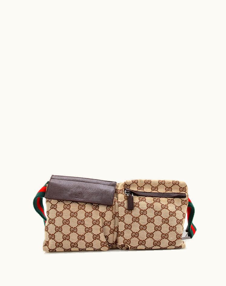 Gucci Gucci Vintage Double Belt Bag GG Canvas Coated Canvas Brown Silver