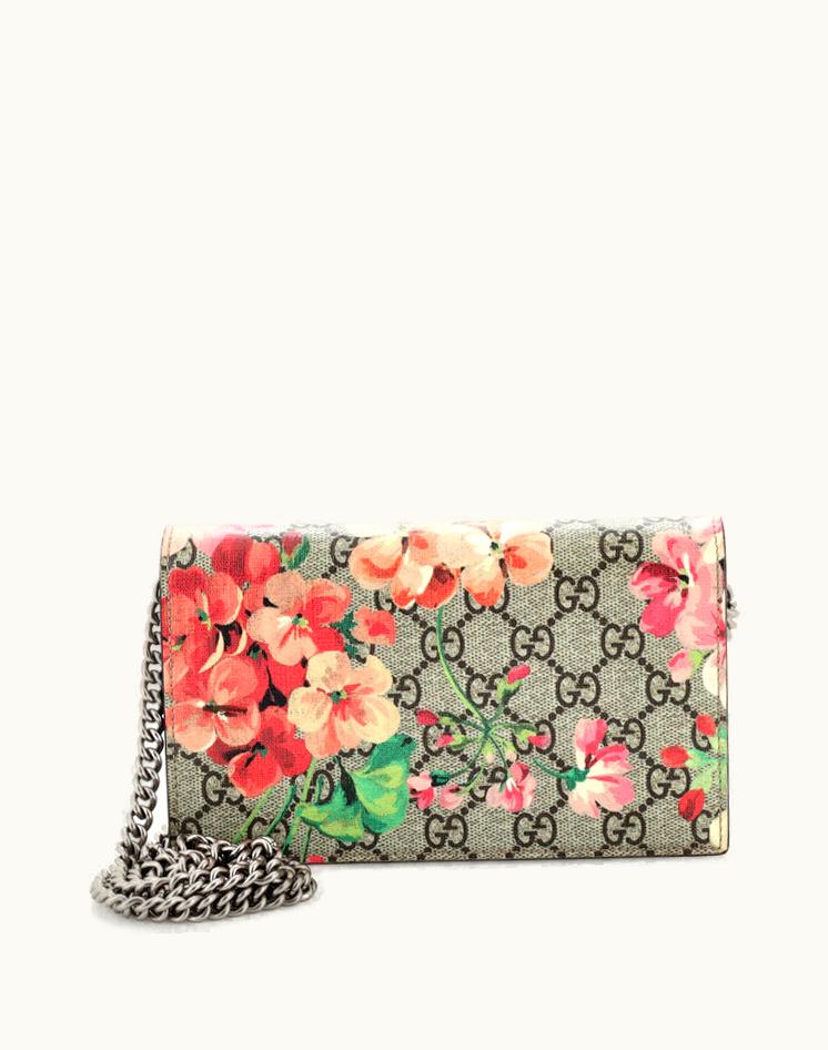 Gucci Gucci Chain Wallet Blooms Print GG Coated Canvas Aged Silver