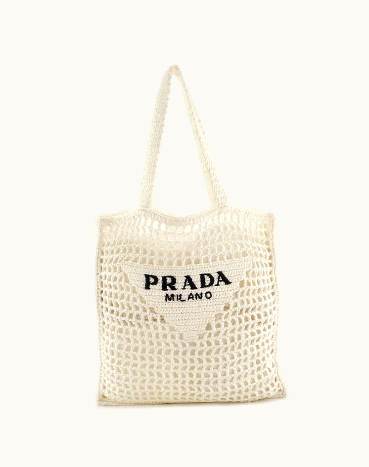 Prada Prada Triangle Logo Open Tote Raffia White Luxury Bag