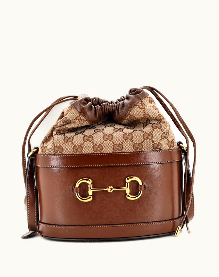 Gucci Gucci Horsebit 1955 Bucket Crossbody Bag Leather And GG Canvas Small Brown & Gold