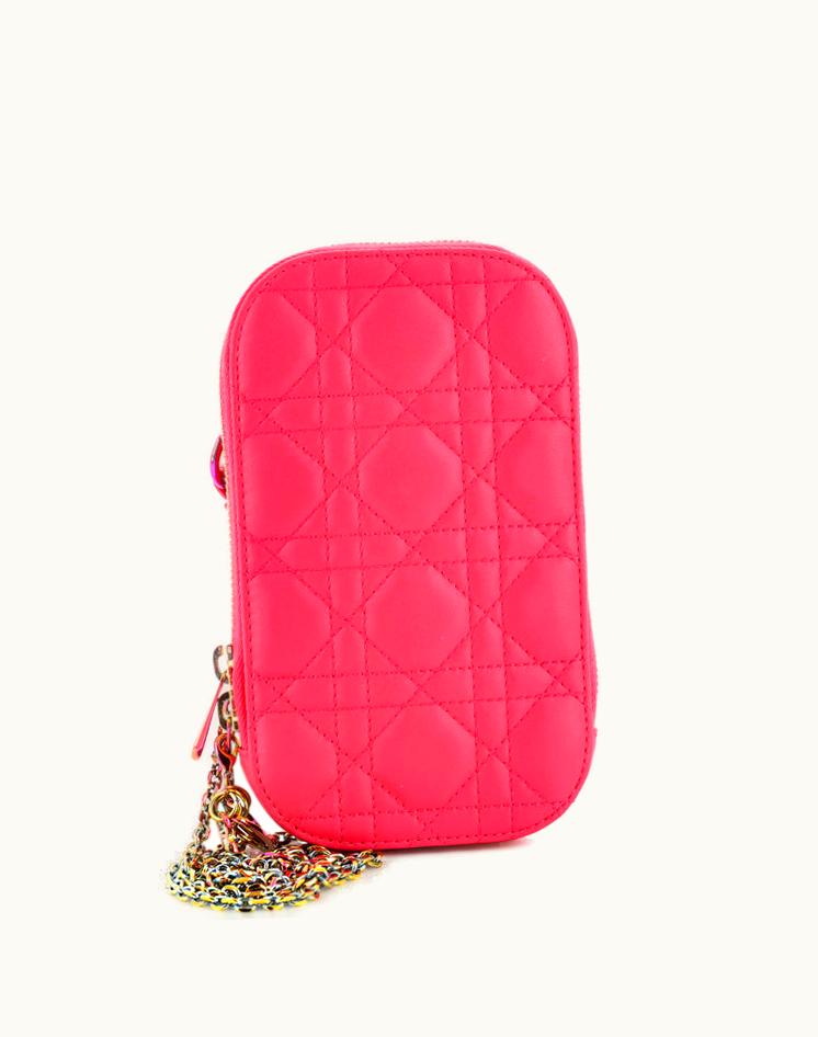 Dior Dior Lady Dior Phone Holder On Chain Cannage Quilt Lambskin - Pink Rainbow Iridescent