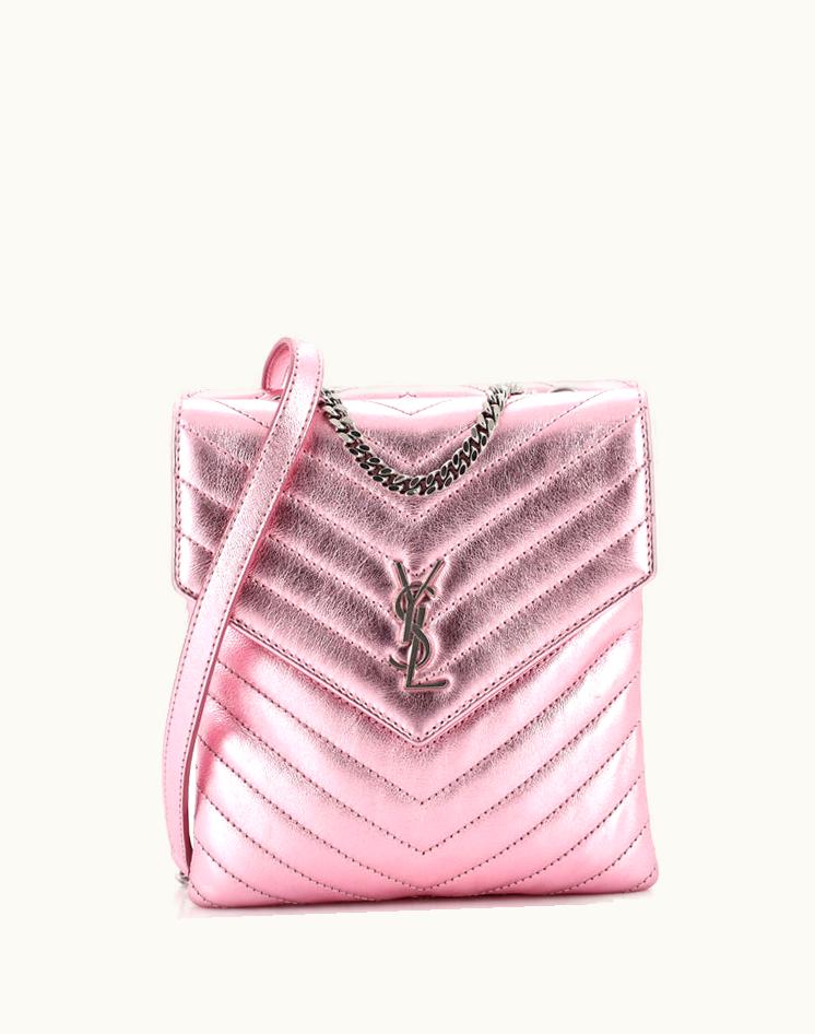 Saint Laurent Saint Laurent Double Flap Bag Chevron Leather Metallic Pink