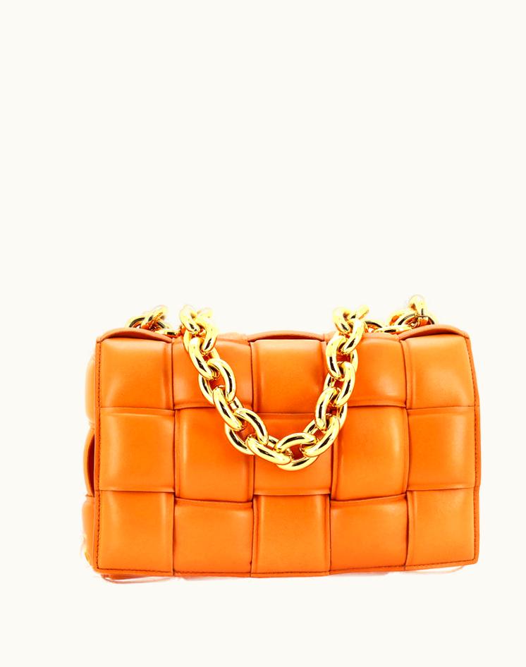 Bottega Veneta Bottega Veneta 232926/1 Cassette Chain Crossbody Bag Padded Maxi Intrecciato Leather Orange Gold