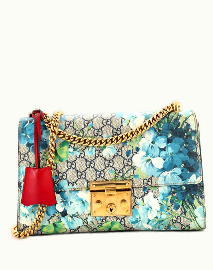 Gucci Gucci Blooms Print GG Coated Canvas Padlock Shoulder Bag Medium Blue
