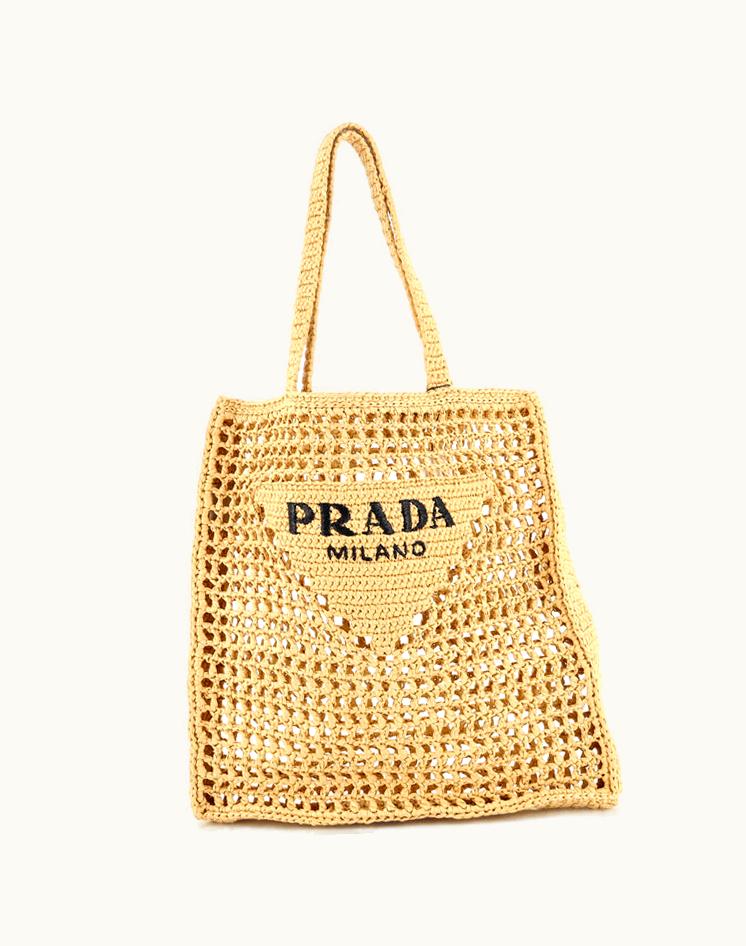 Prada Prada Triangle Logo Open Tote Raffia Luxury Tote Neutral