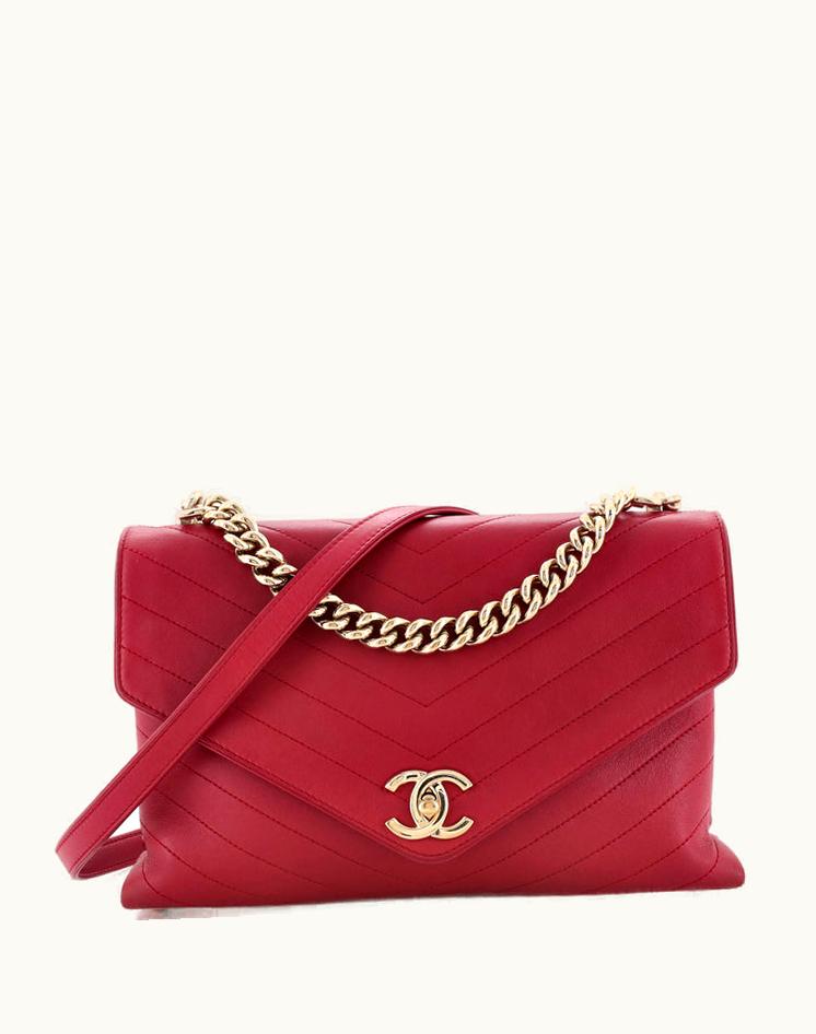 Chanel Chanel Coco Chevron Flap Bag Stitched Calfskin Medium Red Gold