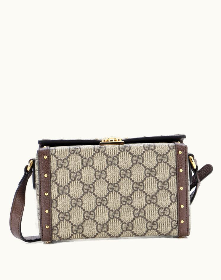 Gucci Gucci Trunk Flap Lock Shoulder Bag GG Coated Canvas With Studded Leather Mini Brown Gold