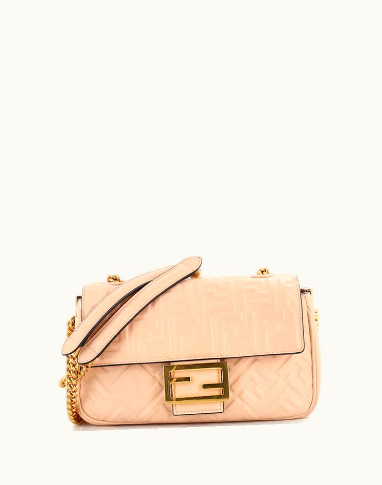 Fendi Fendi Baguette Chain Baguette Zucca Embossed Leather Medium Beige