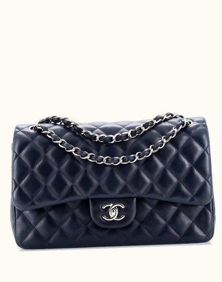 Chanel Chanel 19137876 Classic Double Flap Bag Quilted Lambskin Jumbo Blue Silver