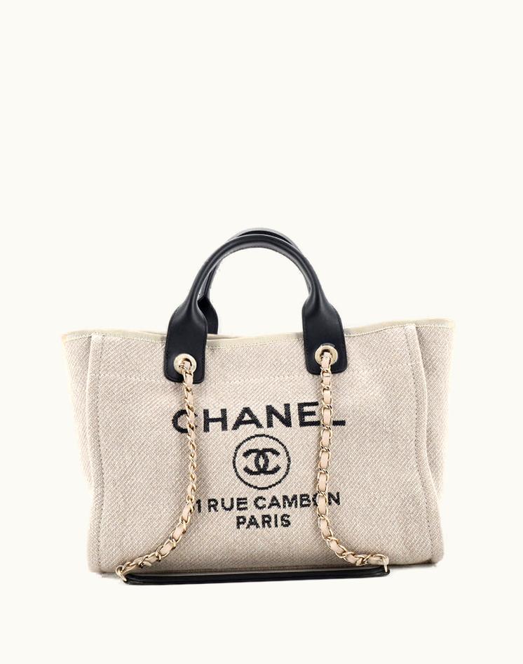 Chanel Chanel Deauville NM Tote Mixed Fibers Small Neutral Canvas Gold Tone