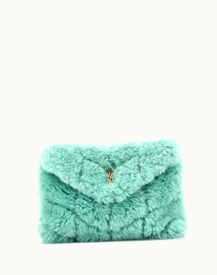 Saint Laurent Saint Laurent Loulou Puffer Clutch Matelasse Chevron Shearling Small Green Shearling Clutch