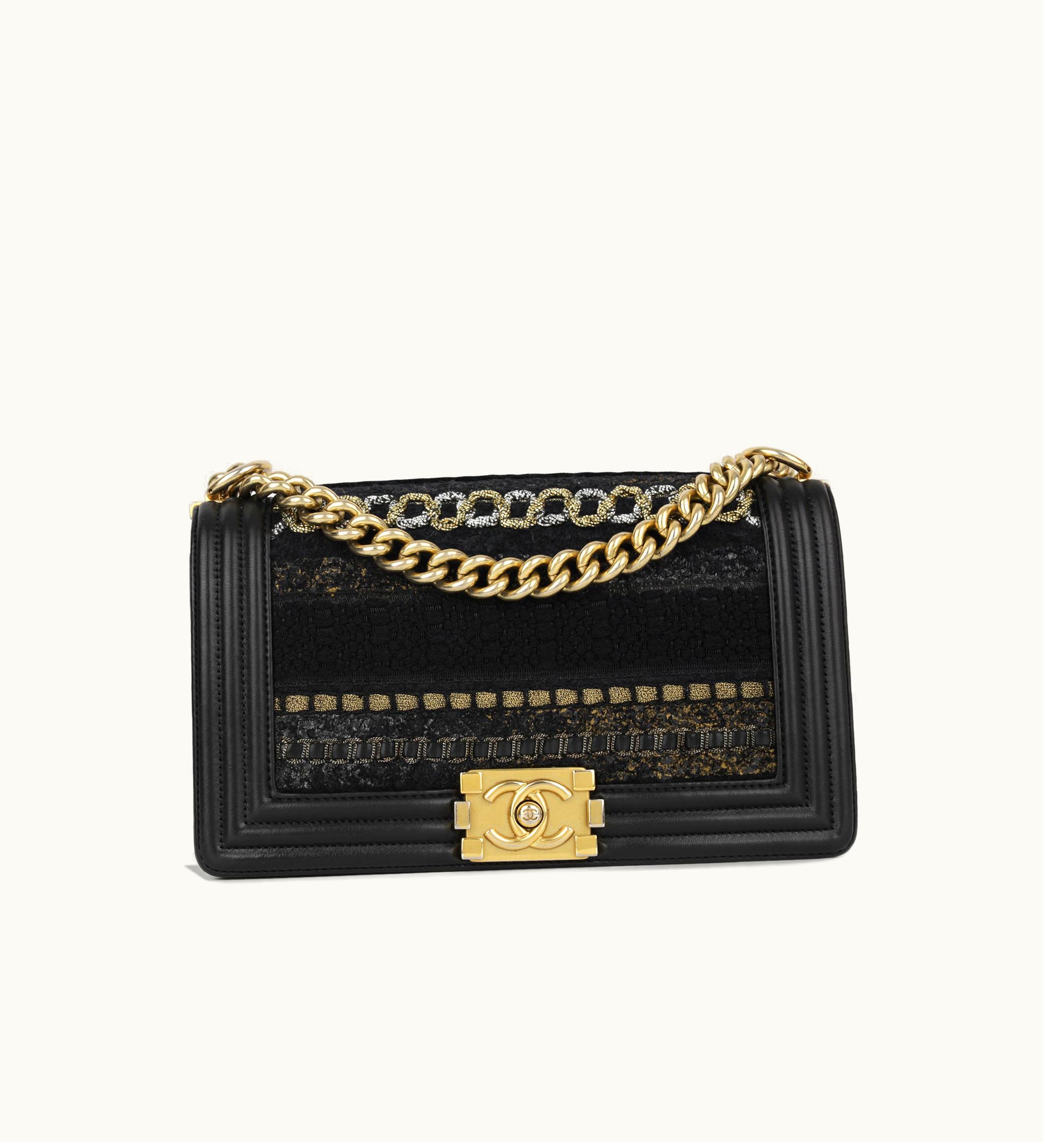 Chanel Chanel Boy Bag Tweed/Gold Tweed & Black Lambskin Old Medium