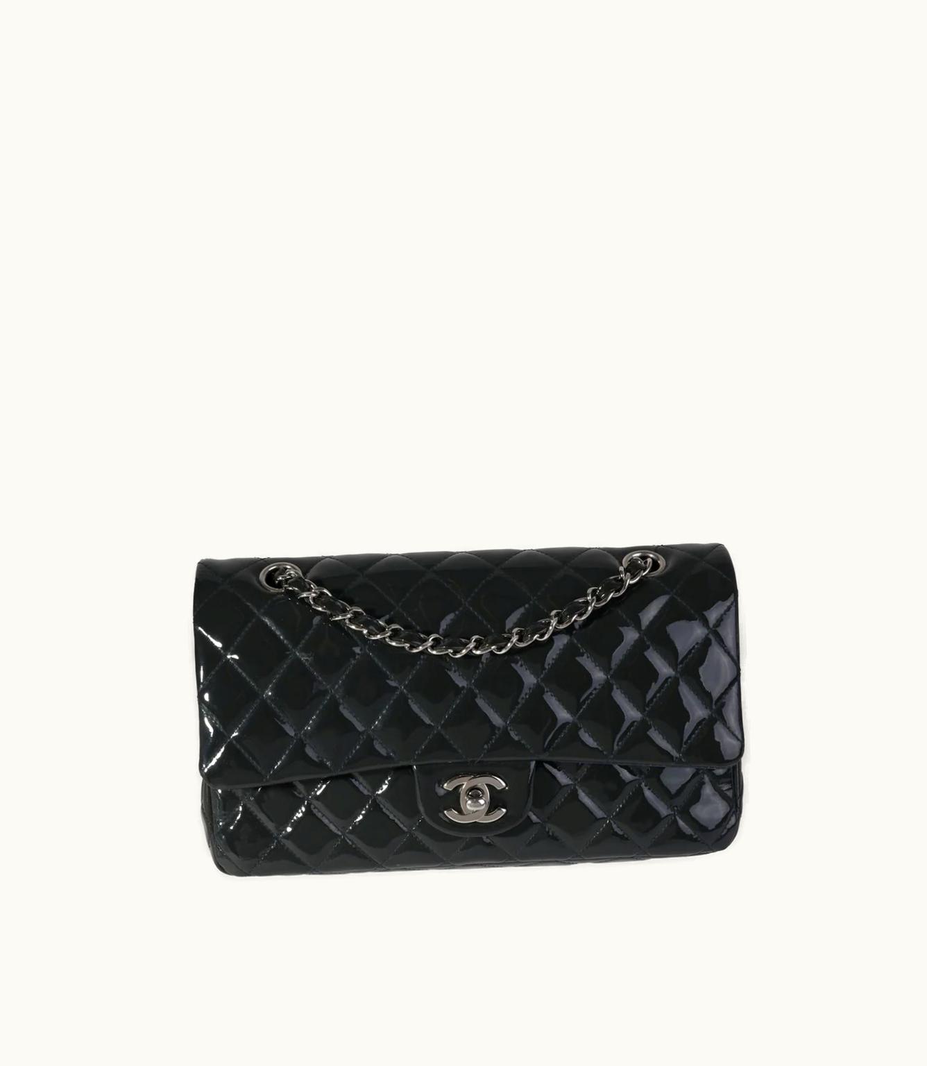 Chanel Chanel Double Flap Medium Shoulder Bag Black/Navy Blue Patent Leather