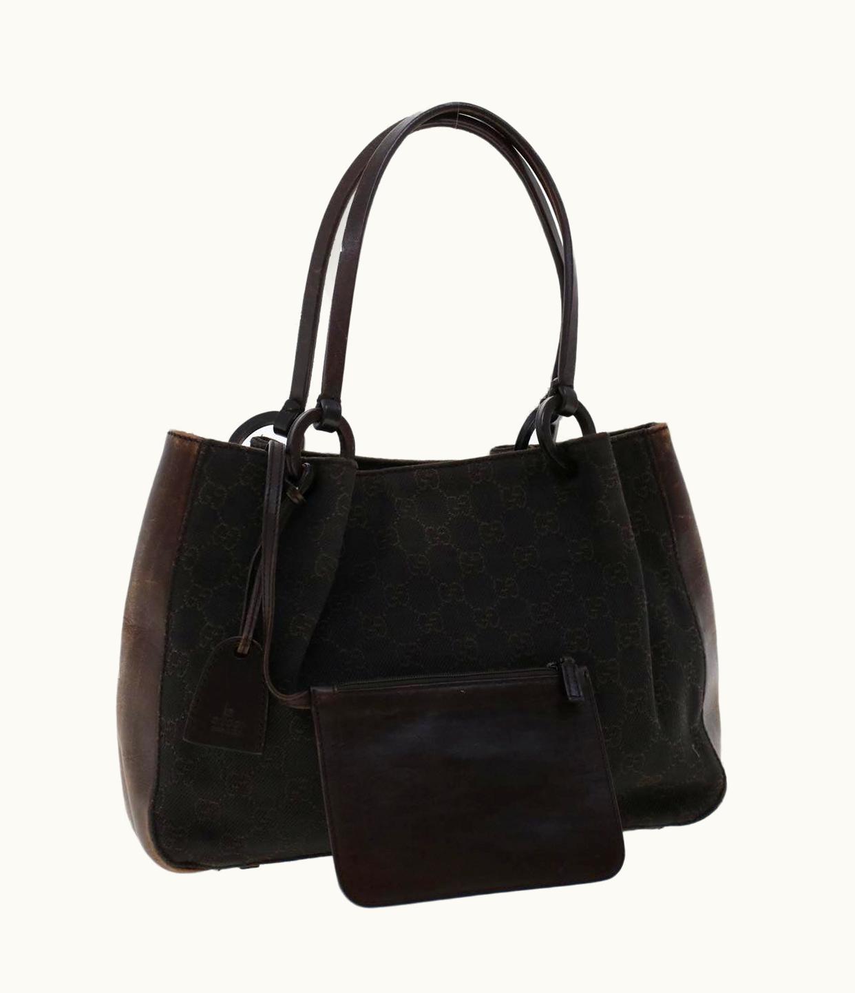 Gucci Gucci GG Canvas Tote Bag Canvas Leather Dark Brown