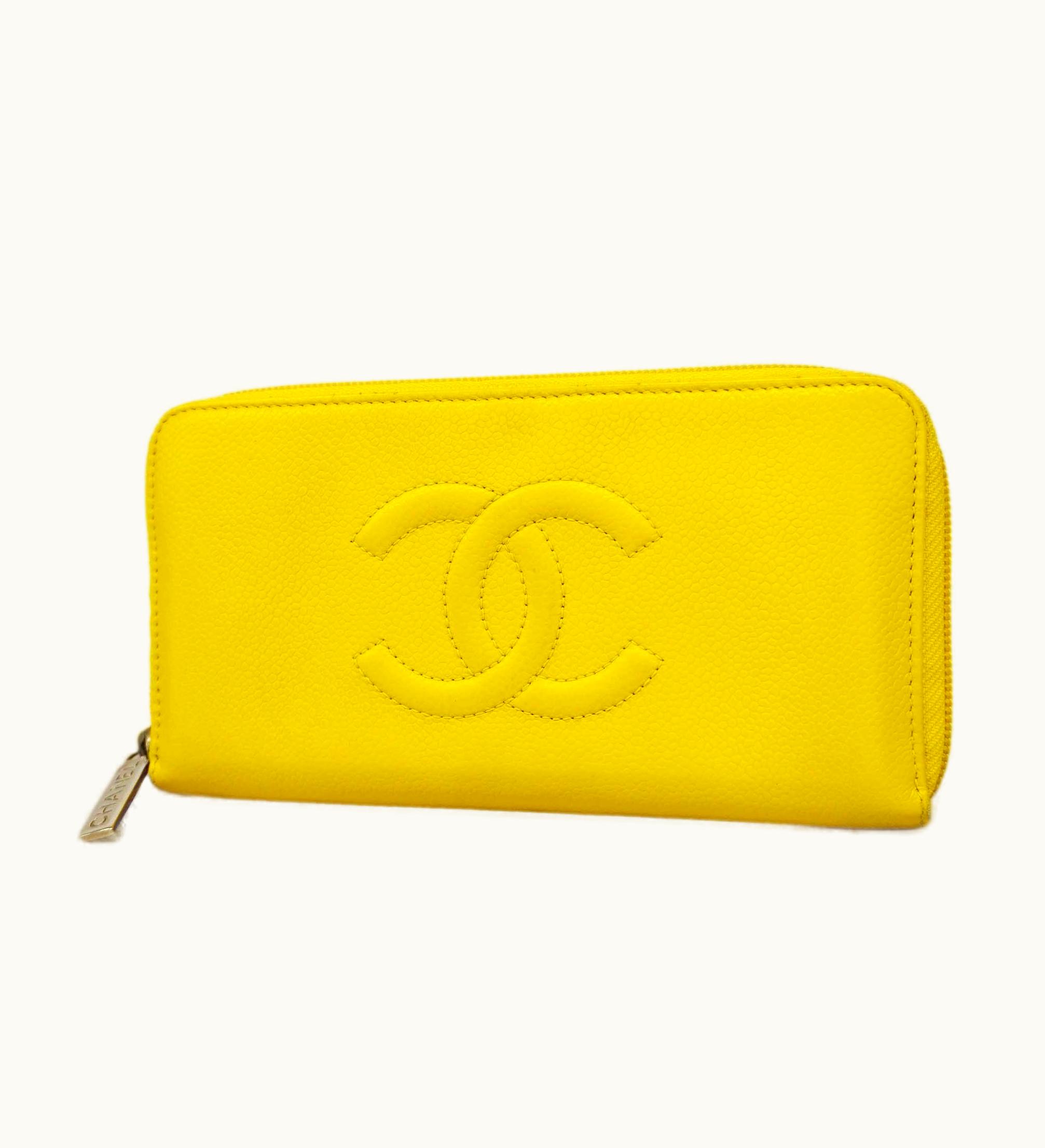 Chanel Chanel Silver Metal Fittings Women's Caviar Leather Long Wallet Yellow