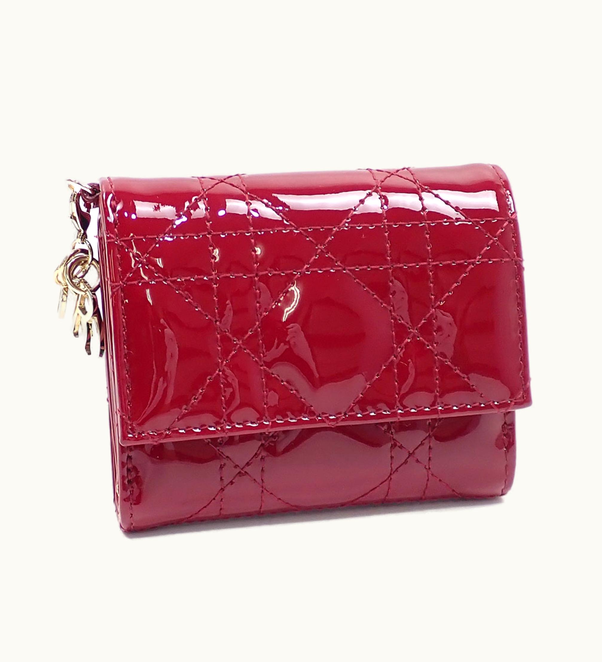 Dior Dior Christian Dior Tri-Fold Wallet Cannage Lady Dior Lotus Women's Cherry Red Patent Calf Leather S0181Ovrb_M323