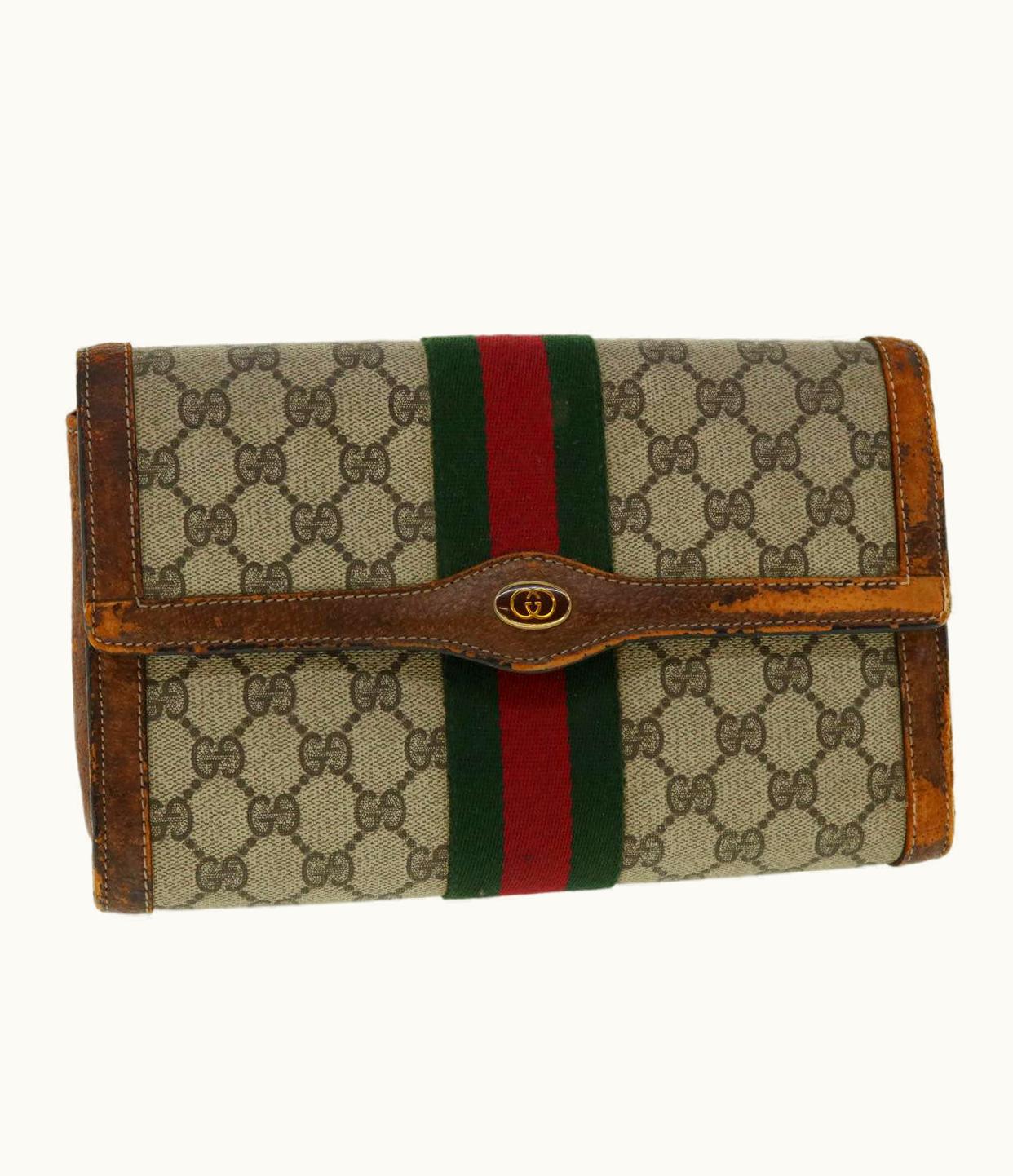 Gucci Gucci Web Sherry Line GG Canvas Clutch Bag PVC Leather Beige Green