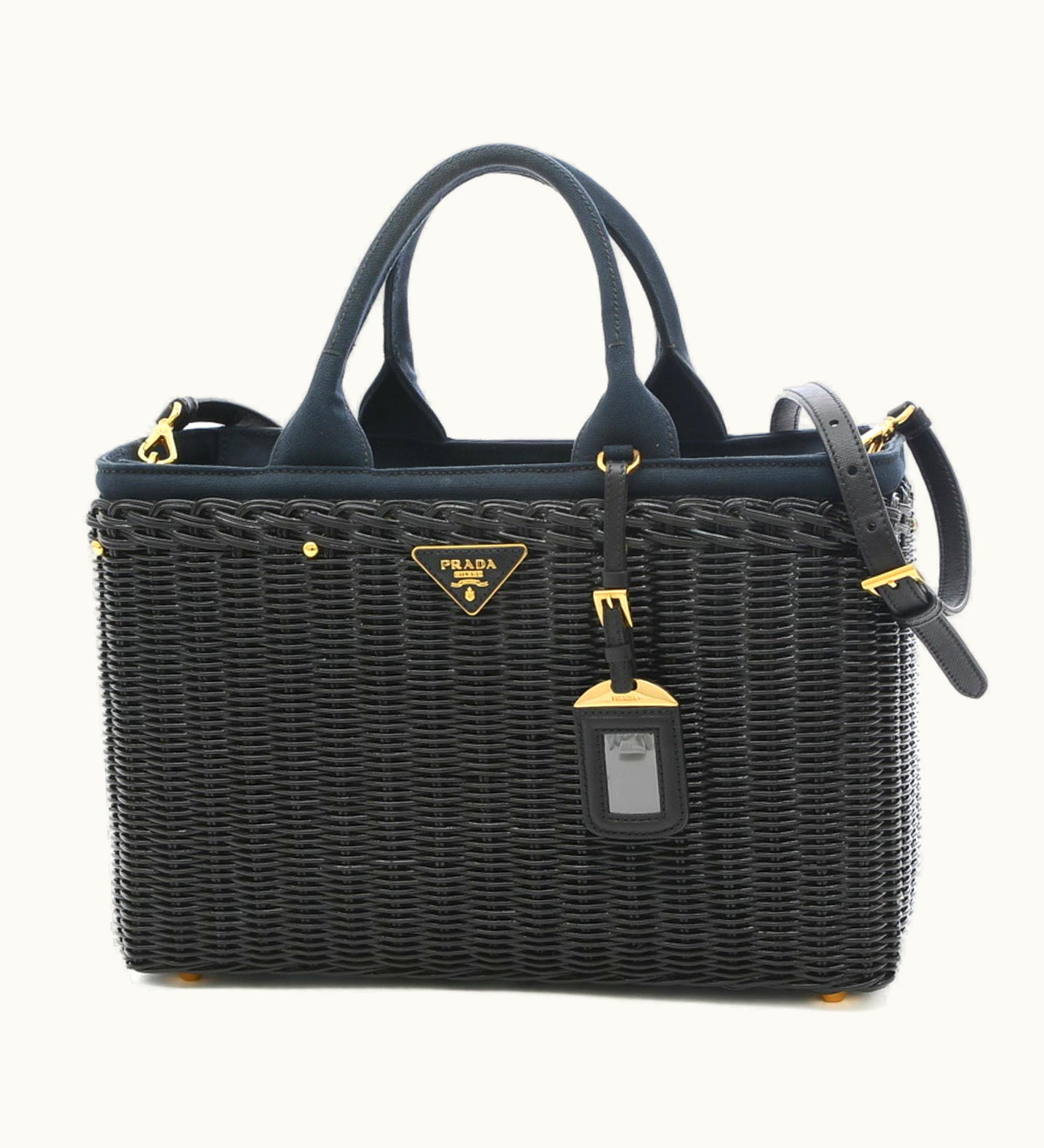 Prada Prada Basket Bag 2Way Rattan/Canvas Black/Navy Bn2834