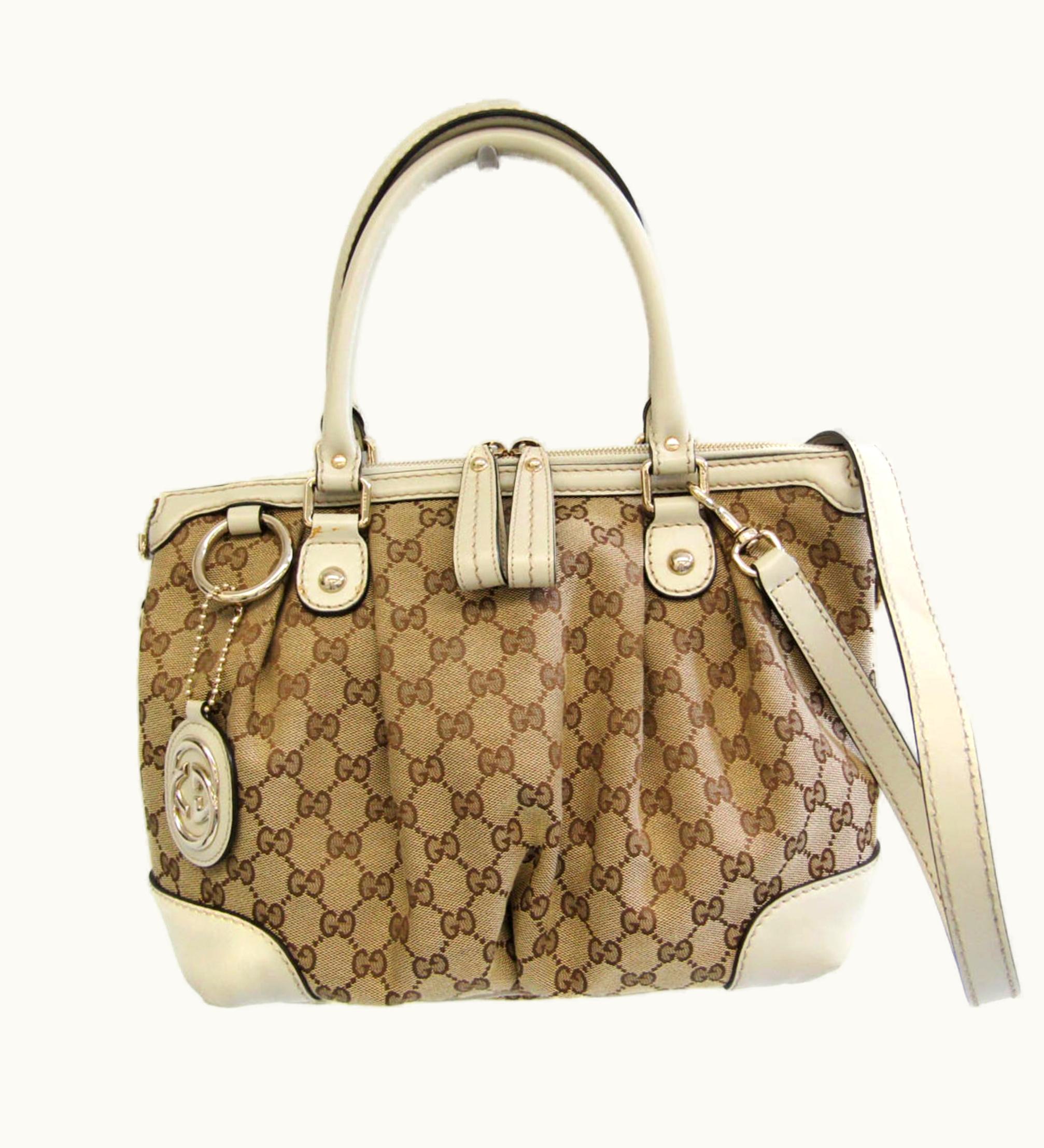 Gucci Gucci Sukey Diamante 247902 Women's Leather, Canvas Handbag, Shoulder Bag Beige, Brown, Cream