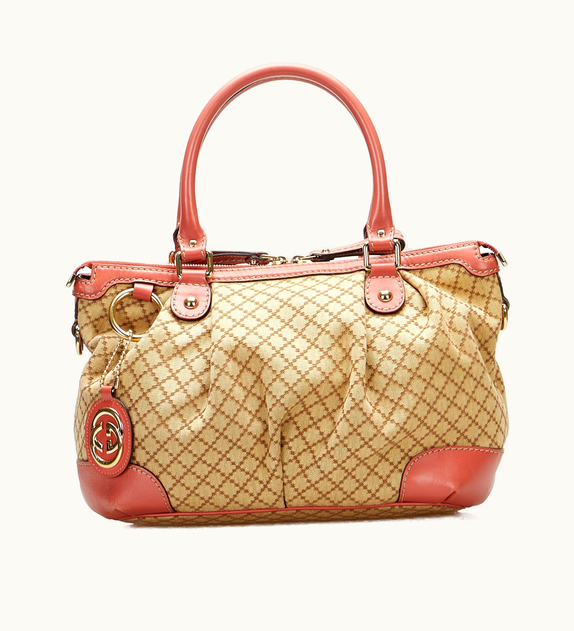 Gucci Gucci Diamante Sukey Satchel Canvas Leather Trim Rolled Handles Top Zip Closure Interior Pockets Dust Bag Black