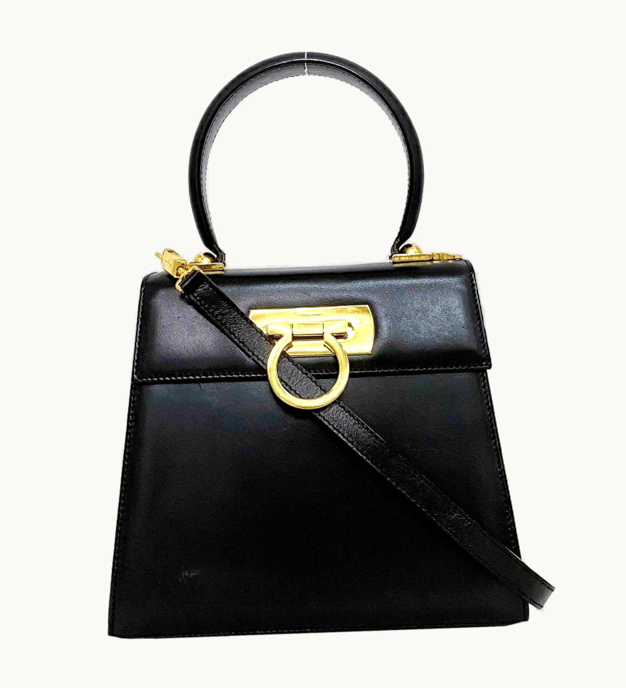 Salvatore Ferragamo Salvatore Ferragamo 2Way Black Gold Gancini Bx-212193 Leather Handbag Shoulder Ladies Flap