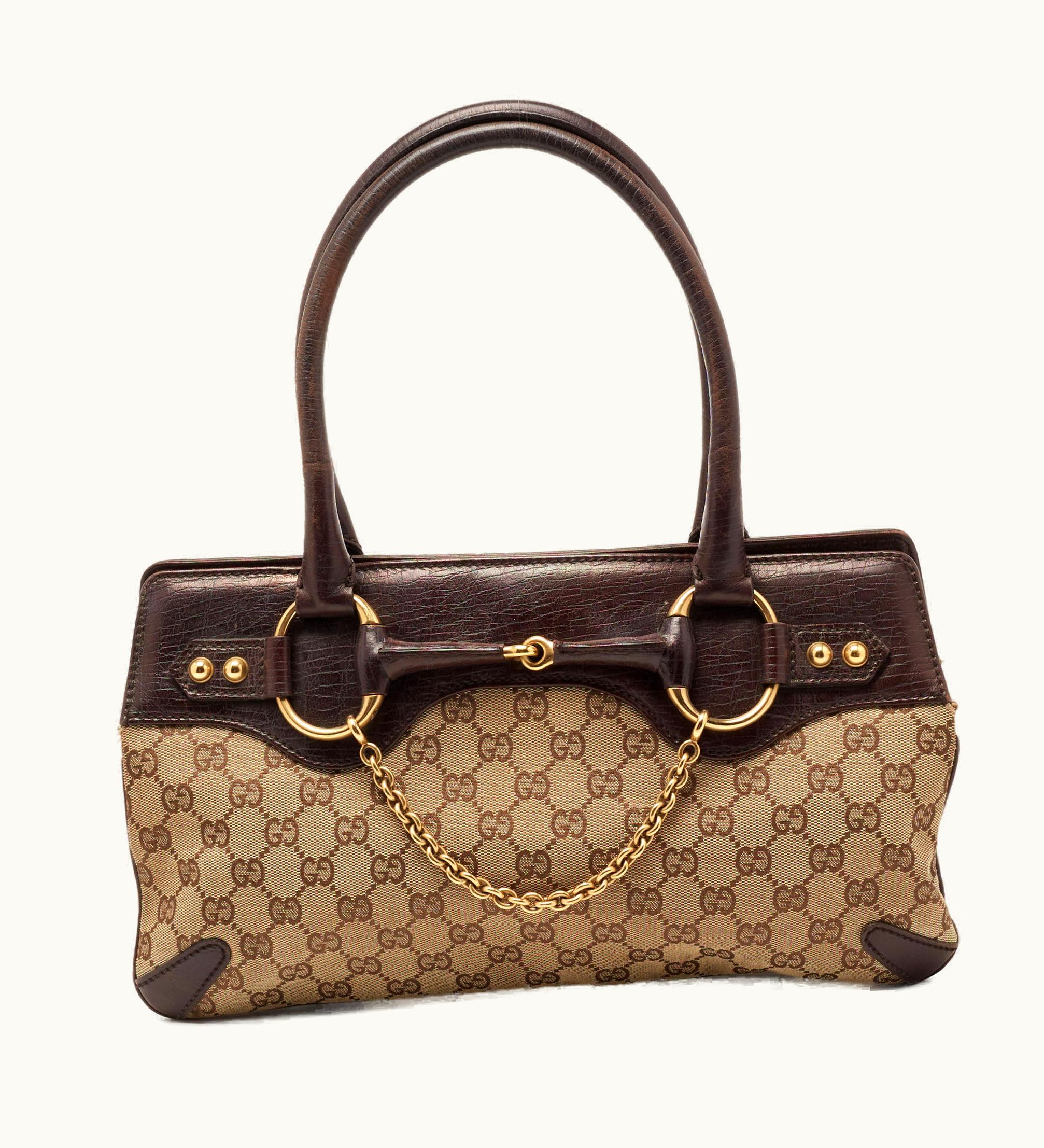 Gucci Gucci Beige/Dark Brown GG Canvas And Leather Horsebit Chain Tote