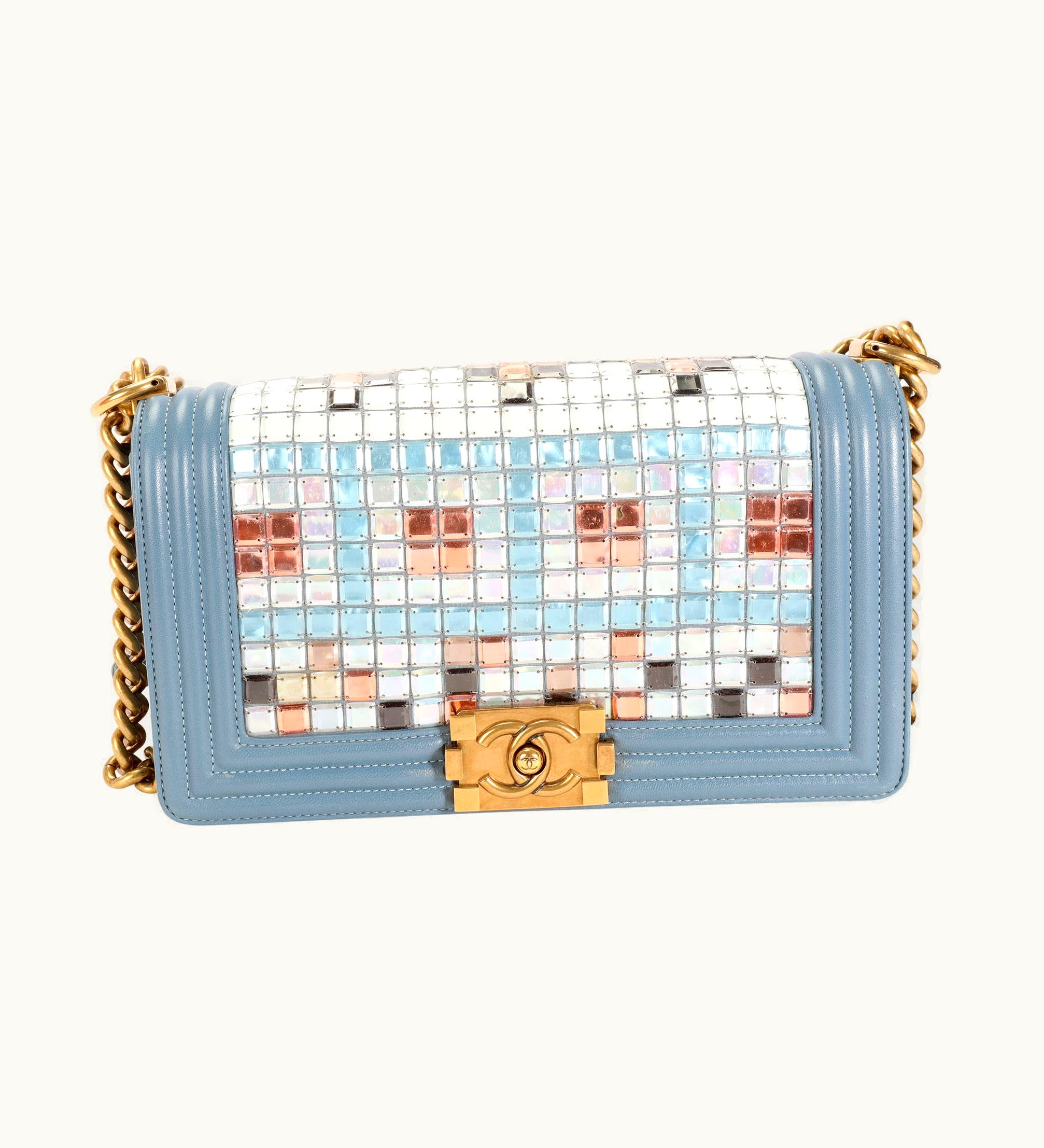Chanel Chanel Mosaic Medium Boy Crossbody Bag Light Blue & Gray Leather