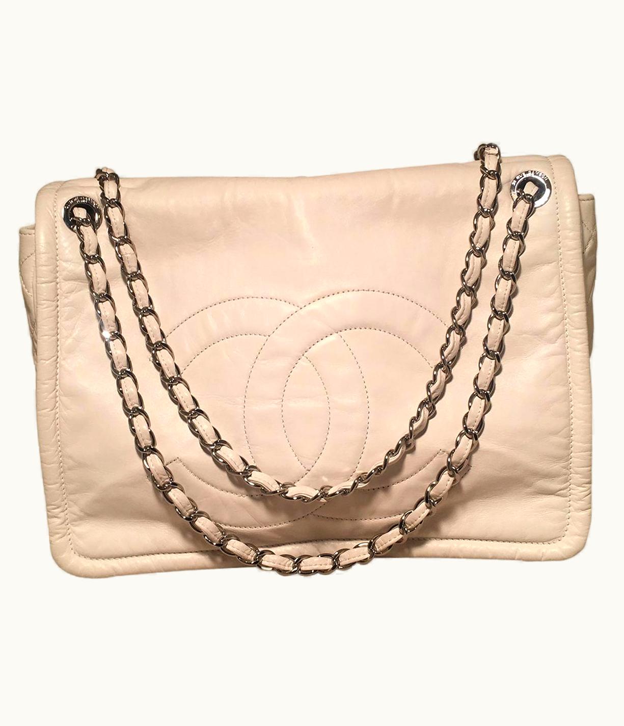 Chanel Chanel White Leather Quilted CC Logo XL Maxi Classic Top Flap Shoulder Bag