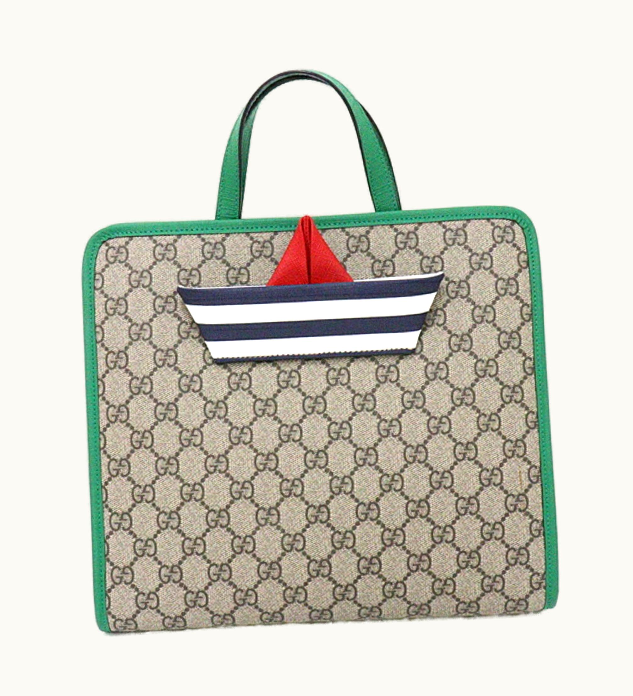 Gucci Gucci Children Boat Tote Bag GG Supreme Canvas Leather 605662 Beige Green Brown Silver Hardware