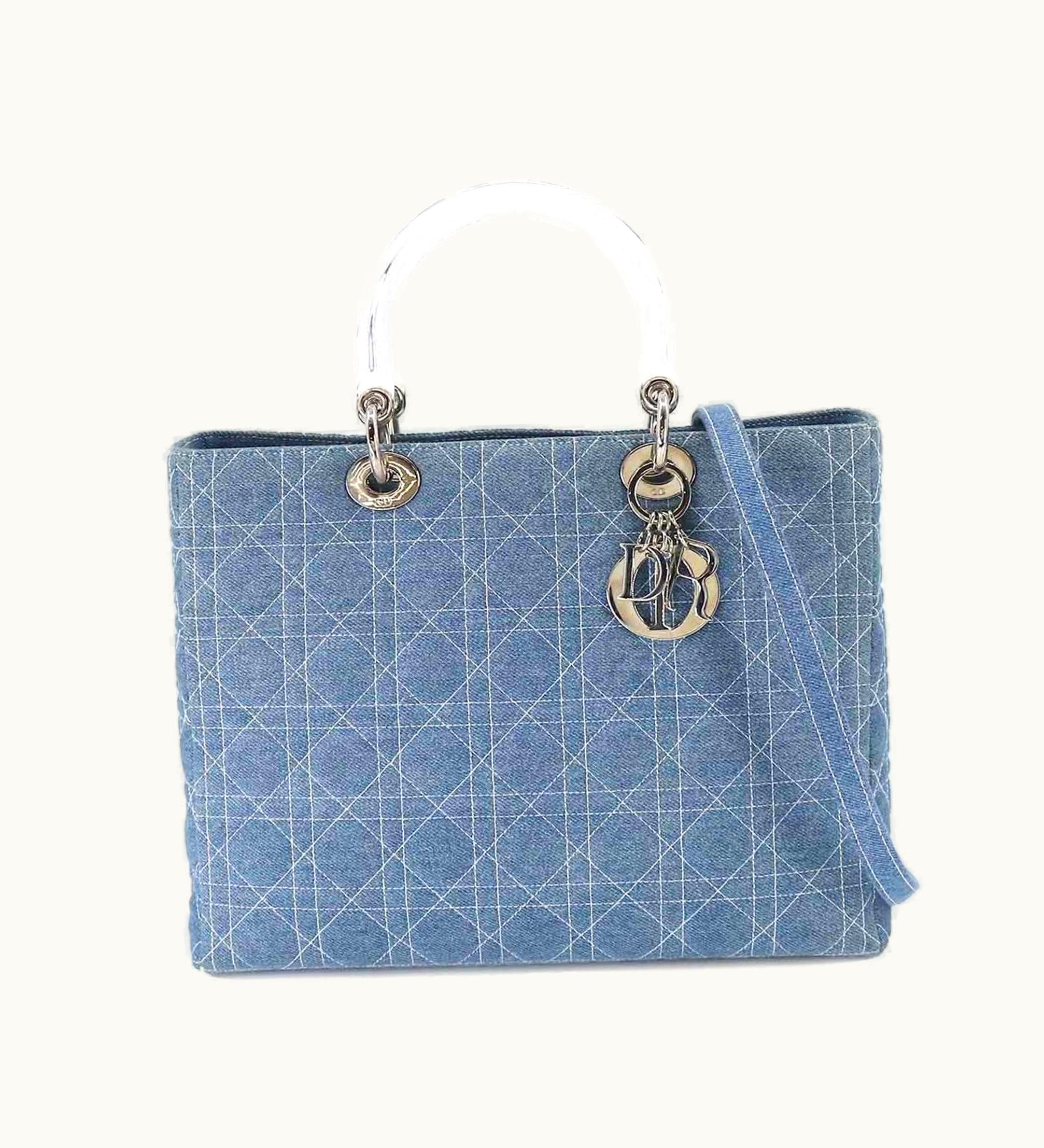 Dior Dior Christian Dior Lady Large 2Way Hand Shoulder Bag Denim Blue Lady