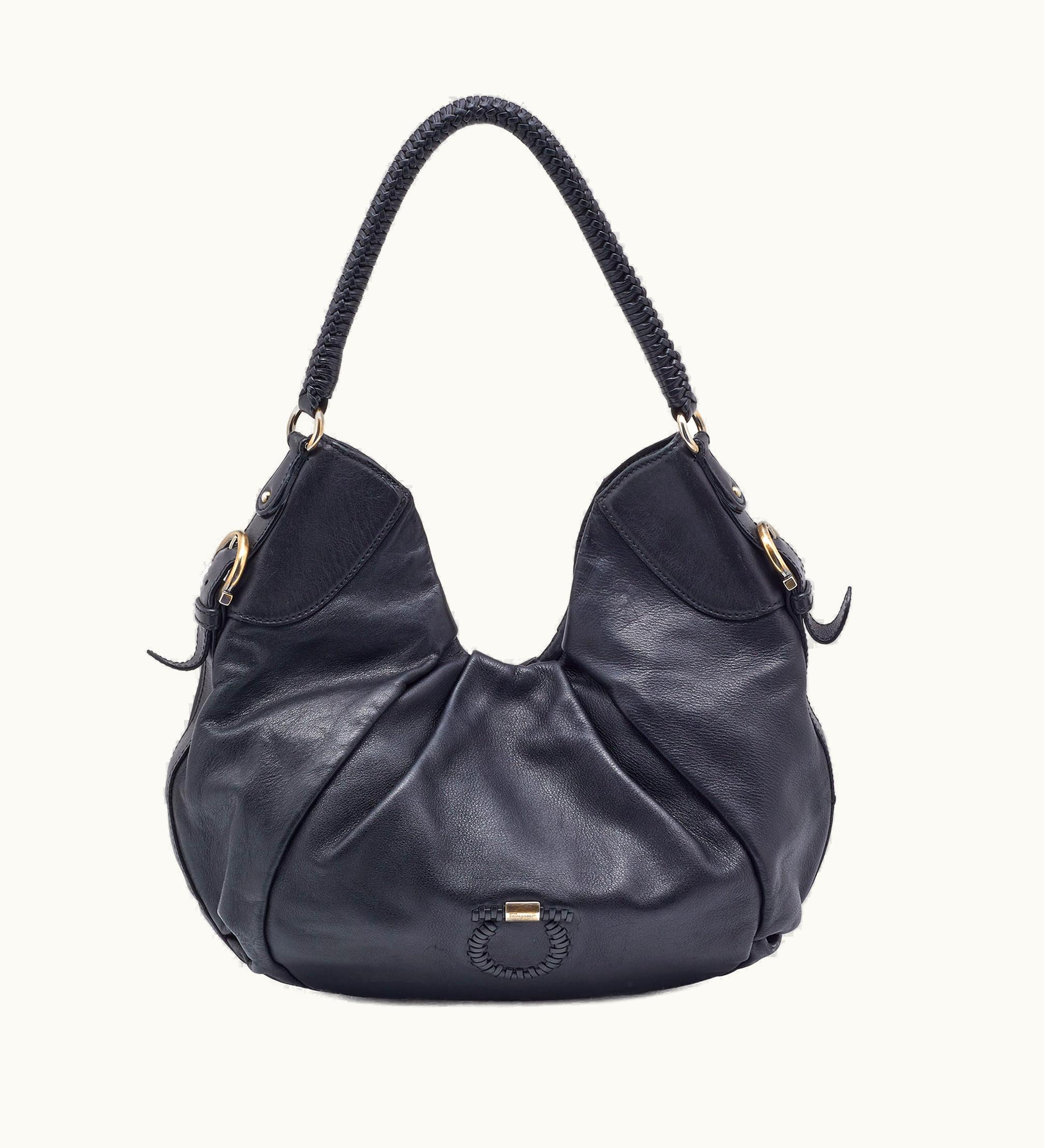 Salvatore Ferragamo Salvatore Ferragamo Black Leather Gancini Braided Handle Hobo