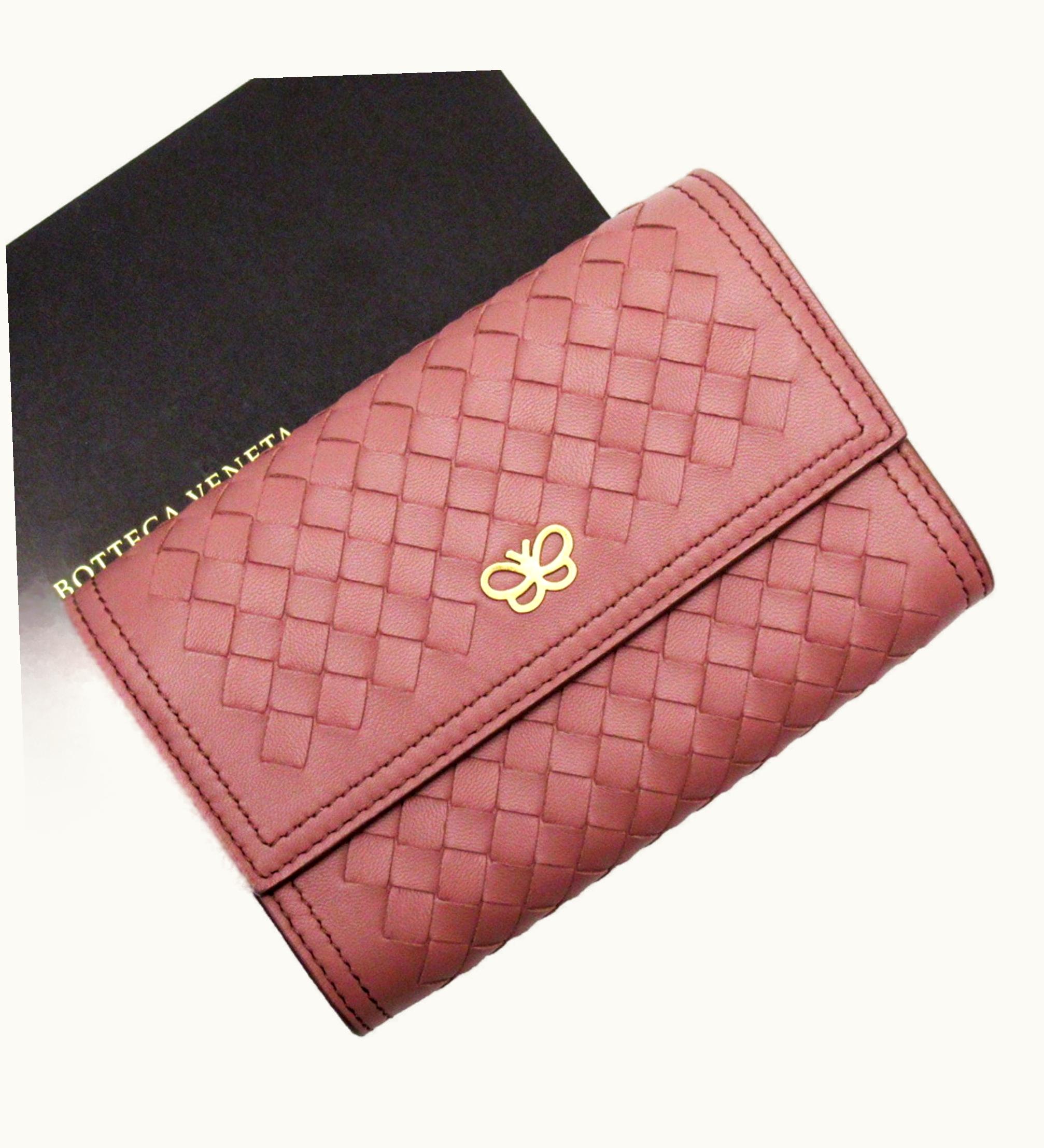 Bottega Veneta Bottega Veneta Bi-Fold Wallet No Coin Case Intrecciato Pink Beige Leather